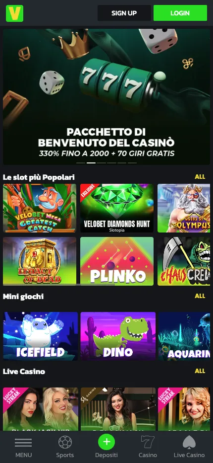 Interfaccia mobile dell'app Velobet