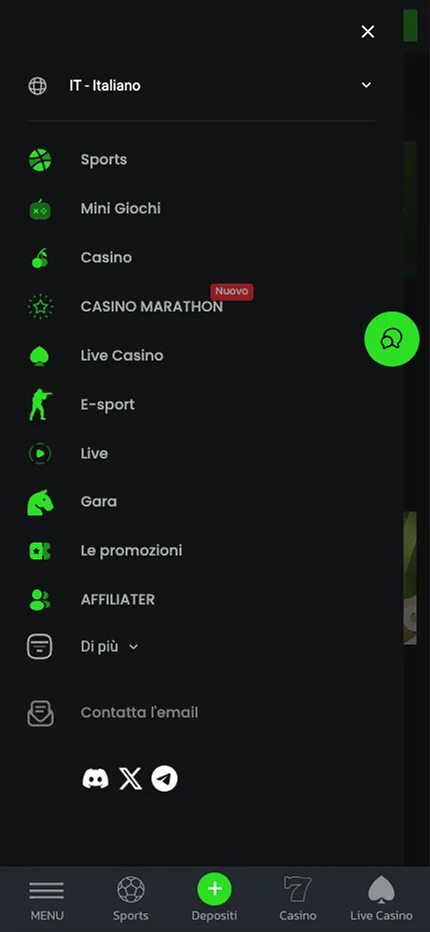 Menu dell'app Velobet