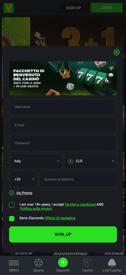 Registrazione all'app Velobet