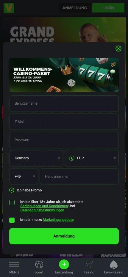 Velobet App Registrierung