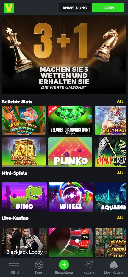 Velobet App mobile Benutzeroberfläche