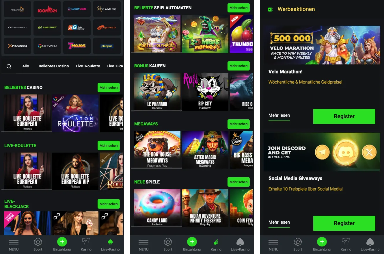 Velobet Web-Anwendung mobile Version