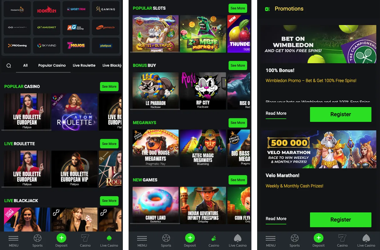 Velobet Webb application mobile version